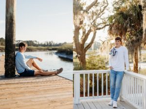 senior boy sitting on a dock and senior boy leaning on a fence with oak trees in the background