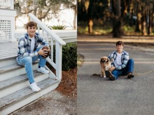 senior boy with his dog, senior boy sitting on stairs with his football